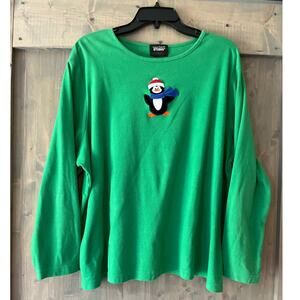 Vintage Christmas Shirt Women's 3X Long Sleeve Knit Penguin‎ Green